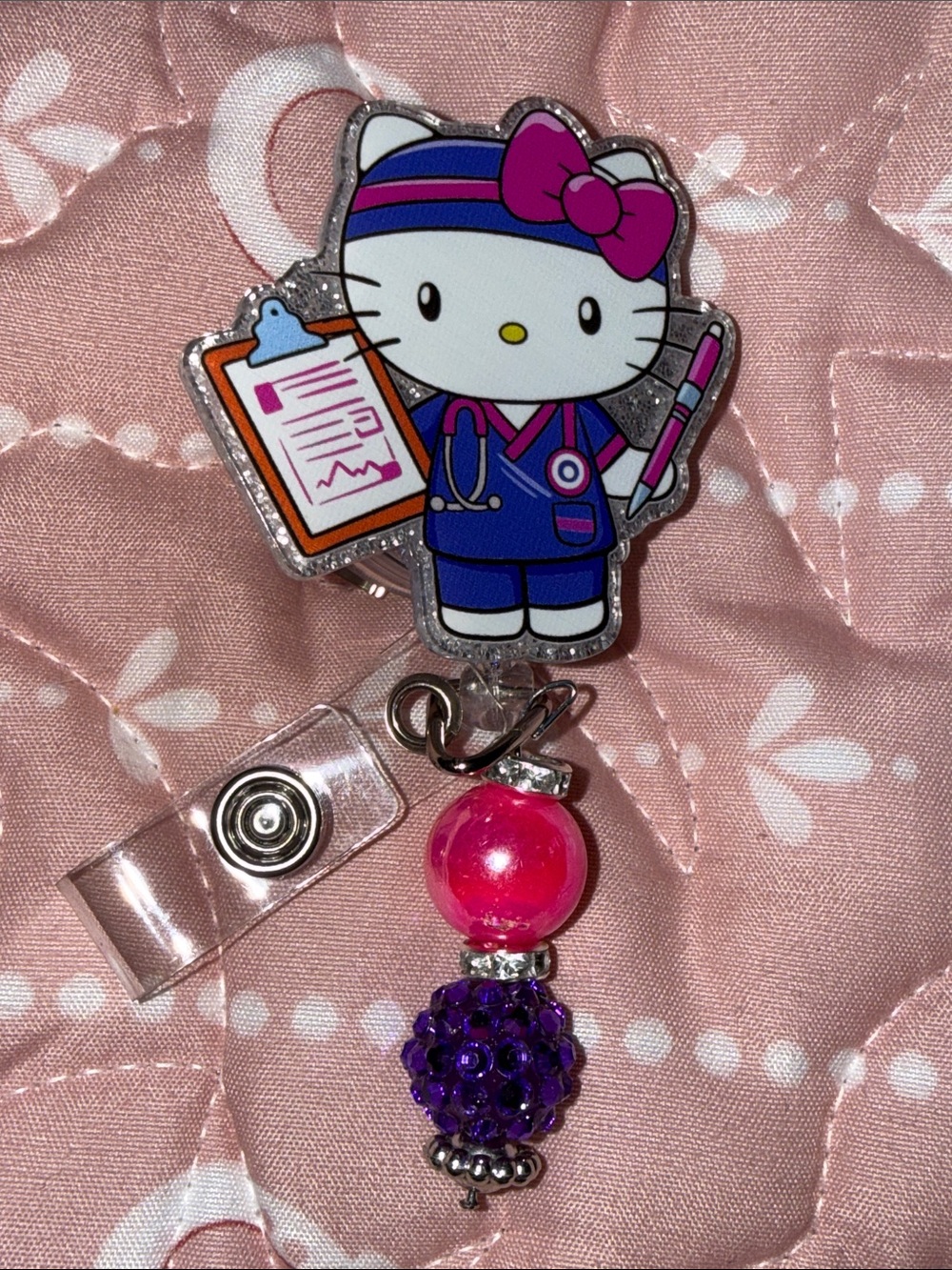 Hello Kitty Nurse Badge Reel with Pink & Purple Accents